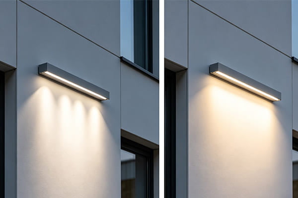 A building facade lit with both narrow and wide beam angles for comparison